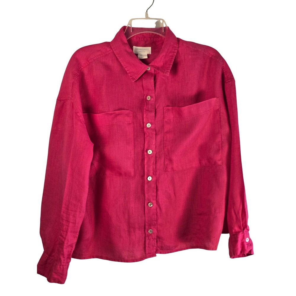 Cynthia Rowley Hot‎ Pink 100% Linen Button Down Shirt Large Boxy Long Sleeve Top
